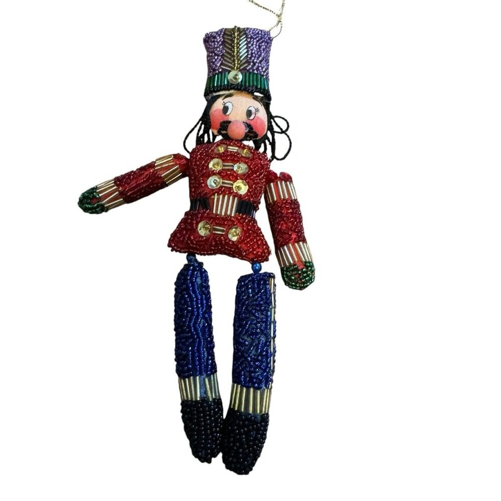 Vintage Nutcracker Cloth Face & Beaded Soldier Ornament 8”